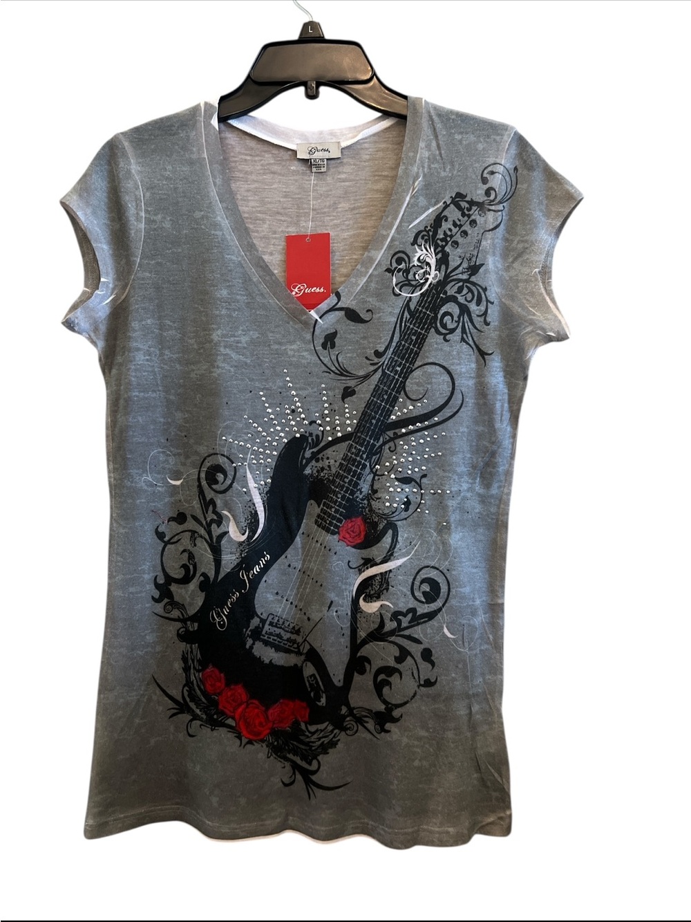 Guess Gray V-Neck Tee with Black Guitar and Red Rose Detail
